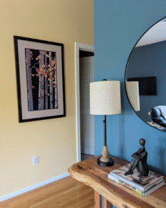 Custom blue and yellow interior paint pallet selected with the help of Spatial Harmony Interiors' color consultation services. 